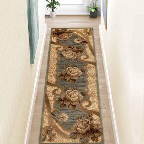 Superior Indoor Runner Rug, Jute Backing, Plush Modern Farmhouse Rug for Hallway, Living Room, Kitchen Floors, Bedroom, Floral Scroll Rugs, Rinceau Collection, 2' 7" x 8', Brown Green