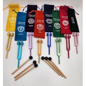 YANTRA Chakra Tuning Fork Set of 8 Color Weighted Healing with Individually Marked Chakra Sign Bags and Striker Includes Soul Purpose