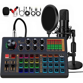 Podcast Equipment Bundle, 48V Condenser Microphone Bundle with 3 Custom Sound Effect Buttons, Podcast Microphone Recording Studio Package for Podcasting Live Streaming Singing PC Mobile TikTok YouTube