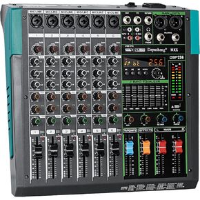 Depusheng MX6 6 Channel Sound Mixer Audio Mixing Console 48V 256DSP Professional USB PC Play Record Podcast Live Broadcast (US MX6)