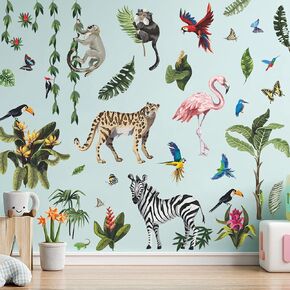 Amaonm Creative Giant Removable Cartoon Zoo Wild Jungle Animals 3D DIY Lion Giraffe Elephant Tree Wall Decals Nursery Decor for Kids Bedroom Living Room Playroom Classroom Hospital Decoration (a)