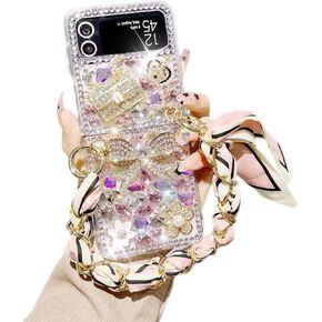 Luxury Bling Diamond Case for Galaxy Z Flip 4 5G (2022) - 3D Perfume Bottle, Gemstone Flower, Lanyard - Women & Girls