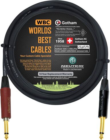 أفضل الكابلات في العالم بطول 12 قدم - Gotham GAC-1 Ultra Pro - كابل أداة جيتار باس ممتاز منخفض الغطاء (21 pf/F) مع نيوتريك ذهبي مستقيم إلى مستقيم (قابس صامت) ¼ بوصة (6.35 مم) مقابس TS - مصنوع حسب الطلب in Saudi Arabia