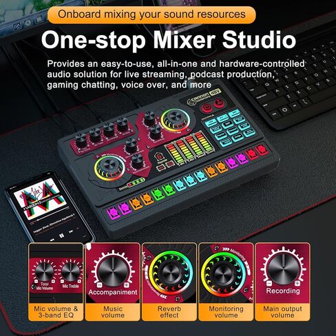 واجهة صوتية مع مغير الصوت، معدات بودكاست لخلاط الصوت، مناسبة لميكروفون XLR/6.35 مم/3.5 مم، لوحة صوت X5 مع ضبط تلقائي للألعاب، الصوت، بطاقة صوت للبث المباشر in Kuwait