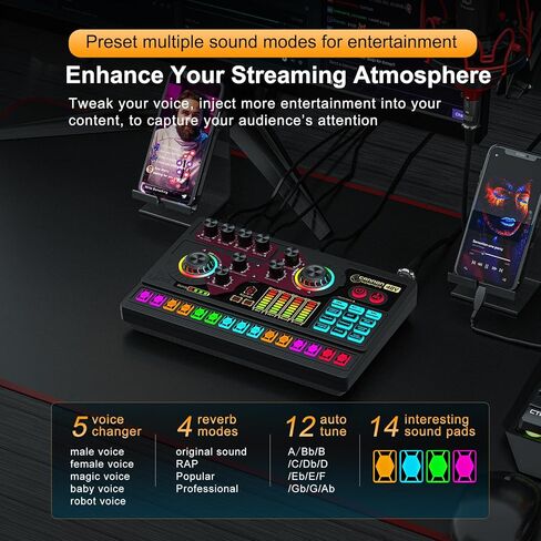 واجهة صوتية مع مغير الصوت، معدات بودكاست لخلاط الصوت، مناسبة لميكروفون XLR/6.35 مم/3.5 مم، لوحة صوت X5 مع ضبط تلقائي للألعاب، الصوت، بطاقة صوت للبث المباشر in Kuwait