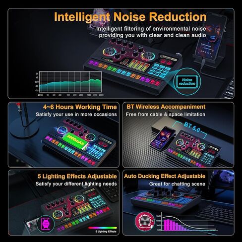 واجهة صوتية مع مغير الصوت، معدات بودكاست لخلاط الصوت، مناسبة لميكروفون XLR/6.35 مم/3.5 مم، لوحة صوت X5 مع ضبط تلقائي للألعاب، الصوت، بطاقة صوت للبث المباشر in Kuwait