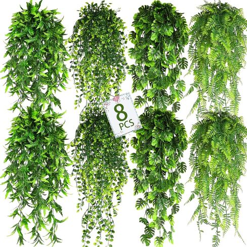 8 Pack Artificial Hanging Plants Fake Greenery Plants Fake lvy Vine for Home Wall Garden Indoor Outdoor Decoration (31'' Faux Boston Ferns,Palm Leaves) in Saudi Arabia