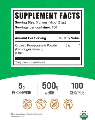 BULKSUPPLEMENTS.COM مسحوق الرمان العضوي - مكمل الرمان لدعم المناعة، مسحوق الرمان العضوي - عضوي، خالي من الغلوتين، وبدون إضافة سكر، 5 جرام لكل وجبة، 250 جرام (8.8 أونصة) in Kuwait