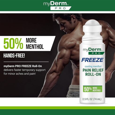 Myderm PRO Freeze Roll-On، 3 أونصة سائلة - قوة إضافية 6٪ مينثول - أسطوانة ICY للمرفقين والمفاصل والعضلات - دعم موضعي بدون استخدام اليدين - صنع في الولايات المتحدة الأمريكية in Kuwait