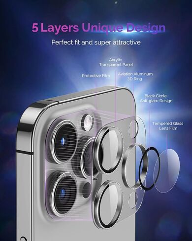 Design for iPhone 14 Pro/iPhone 14 Pro Max Camera Lens Protector, [Full Coverage] [HD Night Shooting] 9H Tempered Glass Clear Acrylic Camera Screen Cover for iPhone 14 Pro Max Black Titanium in Saudi Arabia