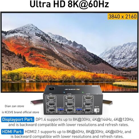 KVM Switch 3 أجهزة كمبيوتر 3 شاشات، USB 3.0 HDMI + DisplayPort 8K@30 هرتز/4k@144 هرتز شاشة ثلاثية DP KVM Switcher لـ 3 أجهزة كمبيوتر مشاركة 3 شاشات عرض و4 أجهزة USB 3.0، جهاز تحكم سلكي متضمن in Kuwait