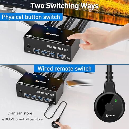 KVM Switch 3 أجهزة كمبيوتر 3 شاشات، USB 3.0 HDMI + DisplayPort 8K@30 هرتز/4k@144 هرتز شاشة ثلاثية DP KVM Switcher لـ 3 أجهزة كمبيوتر مشاركة 3 شاشات عرض و4 أجهزة USB 3.0، جهاز تحكم سلكي متضمن in Kuwait