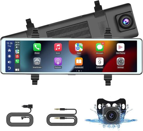 كاميرا سيارة Hikity الأمامية والخلفية لاسلكية Apple CarPlay Android Auto، كاميرا قياس 11.26 بوصة ذكية Carplay مع كاميرات بلوتوث مزدوجة وشاشة AUX سبليت وكاميرا رؤية خلفية 1080 بكسل in Kuwait
