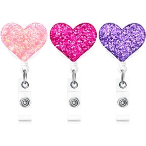 Bling Heart Badge Holder for Women, 5 Pack Glitter Love Heart Retractable Badge Reel Clip on ID Name Card, Colorful ID Badge Clip for ID Tag Nurse Accessories for Work