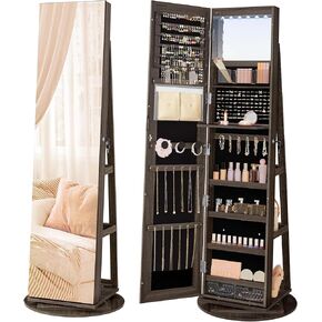 SONGMICS 6 LEDs Lockable Mirror Jewelry Cabinet, 360° Swivel Jewelry Organizer, Standing Jewelry Armoire, Frameless Full-Length Mirror, 3 Storage Shelves, Ash Brown Surface, Black Lining UJJC007K02