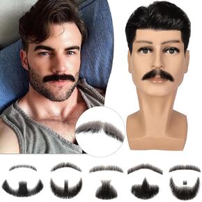 100% Human Hair Full Hand Tied Lace Fake Mustache Goatee Human Hair Fake Beard Realistic Makeup for Drama/Party/Entertainment/Movie Prop for Halloween Funny Cosplay Costume Party