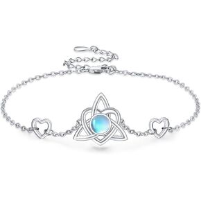 Celtic Moonstone/Heart Bracelet 925 Sterling Silver Irish Knot Bracelet Vintage Trinity/Heart Jewelry Good Luck Gifts for Women Girls