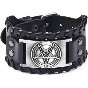 Satanic Leather Cuff Bracelet, Demon Baphomet Satanic Goat Head Bracelet, Gothic Inverted Pentagram Bangle