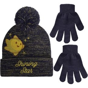 Concept One girls Disney Wish Beanie Hat and Gloves Set, Kids Cuffed Knitted Winter Cap With Pom and Matching Mittens