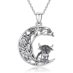 Highland Cow Necklace for Women 925 Sterling Silver Tree of Life Pendant Celtic Knot/Heart/Crystal Necklaces Animal Cow Lover Jewelry Gifts