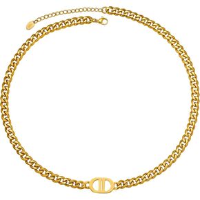 Womens 18K Real Gold Plated Initial Necklace Choker with Double D Letter, 6mm 316L Stainless Steel Diamond-Cut Curb Cuban Link Chain(Custom Box and Pouch Packing for Gift)