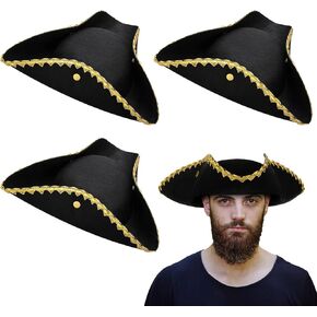 Leumoi 3 Pcs Halloween Tricorn Hat America Colonial Hat with Gold Trimming Revolutionary War Costumes Pirate Hat