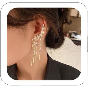 2PCS Glitter Rhinestone Long Tassels Dangle Ear Cuff Vintage Non-Piercing Fake Earrings Bridal Wedding Climber Ear Wrap Prom Ball Jewelry for Women Girls in Kuwait