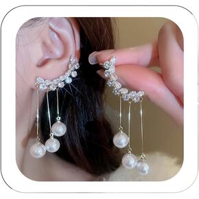 2PCS Glitter Rhinestone Long Tassels Dangle Ear Cuff Vintage Non-Piercing Fake Earrings Bridal Wedding Climber Ear Wrap Prom Ball Jewelry for Women Girls