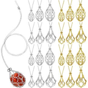 24 Pcs Crystal Cage Necklace 3 Sizes Crystal Stone Holder Necklace Gold Silver Adjustable Metal Crystal Cage Necklace Empty Pendant Net Crystal Cage Necklaces for Women Men
