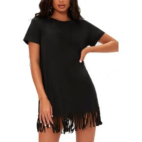 Milumia Women Casual Fringe Hem T Shirt Dress Short Sleeve Round Neck Tee Dress
