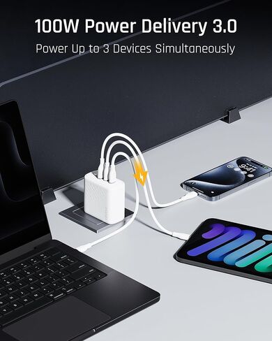 VOLTME 100W GaN III USB C Wall Charger (Foldable Plug), 3-Port PD 3.0 PPS Fast Charge USB-C Charger for Chromebook Laptop, MacBook Pro/Air, Pixelbook, ThinkPad, Dell XPS, iPad, iPhone 14 13, Samsung in Kuwait