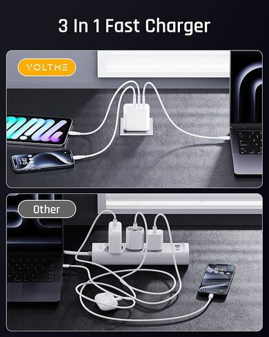 VOLTME 100W GaN III USB C Wall Charger (Foldable Plug), 3-Port PD 3.0 PPS Fast Charge USB-C Charger for Chromebook Laptop, MacBook Pro/Air, Pixelbook, ThinkPad, Dell XPS, iPad, iPhone 14 13, Samsung in Kuwait