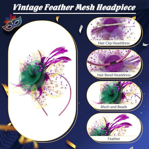 Riceshoot 10 قطع ريشة الفاسناتور Headbands الترتر ريشة القبعات خمر إكسسوارات الشعر للنساء كرنفال حفلة تنكرية in Kuwait