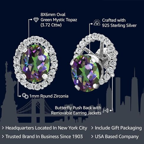 Gem Stone King 925 Sterling Silver 8X6MM Oval Gemstone Birthstone Stud Earrings with Removable Jackets | Halo Earrings for Women in Saudi Arabia