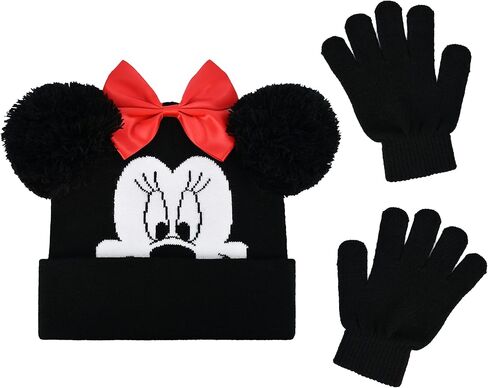 Concept One girls Disney Minnie Mouse Kids Double Pom Cuffed Beanie Hat and Gloves Set in Saudi Arabia
