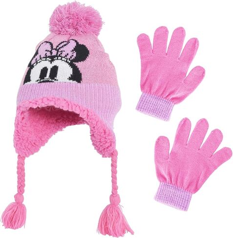 Concept One girls Disney Minnie Mouse Kids Double Pom Cuffed Beanie Hat and Gloves Set in Saudi Arabia