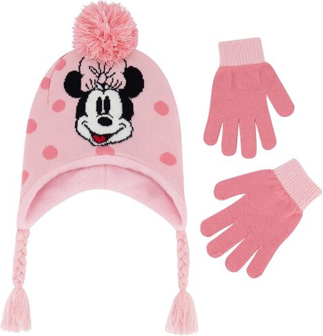 Concept One girls Disney Minnie Mouse Kids Double Pom Cuffed Beanie Hat and Gloves Set in Saudi Arabia