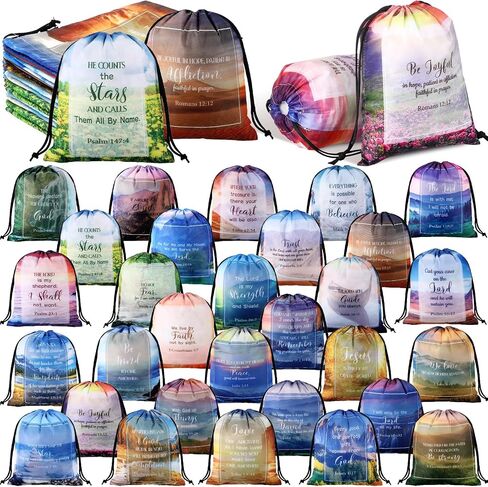 Hosuly 30Pcs Religious Bible Verse Drawstring Backpack Watercolor Christian Drawstring Bags Bulk Religious Gift Bag for Women in Saudi Arabia