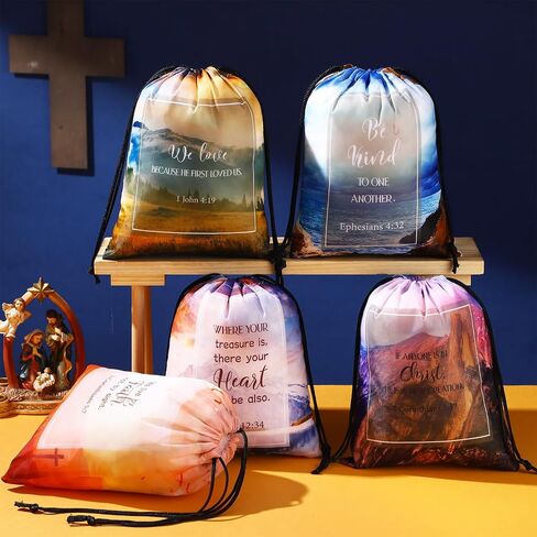 Hosuly 30Pcs Religious Bible Verse Drawstring Backpack Watercolor Christian Drawstring Bags Bulk Religious Gift Bag for Women in Saudi Arabia