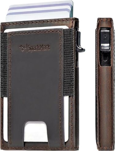 محفظة رفيعة لحامل بطاقات الائتمان للرجال والنساء - محافظ رجالية صغيرة الحجم تحجب RFID - حافظة بطاقات معدنية بجيب أمامي من الجلد الرقيق مع صندوق هدايا (بني داكن) in Kuwait