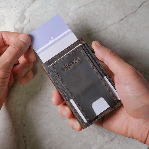 محفظة رفيعة لحامل بطاقات الائتمان للرجال والنساء - محافظ رجالية صغيرة الحجم تحجب RFID - حافظة بطاقات معدنية بجيب أمامي من الجلد الرقيق مع صندوق هدايا (بني داكن) in Kuwait