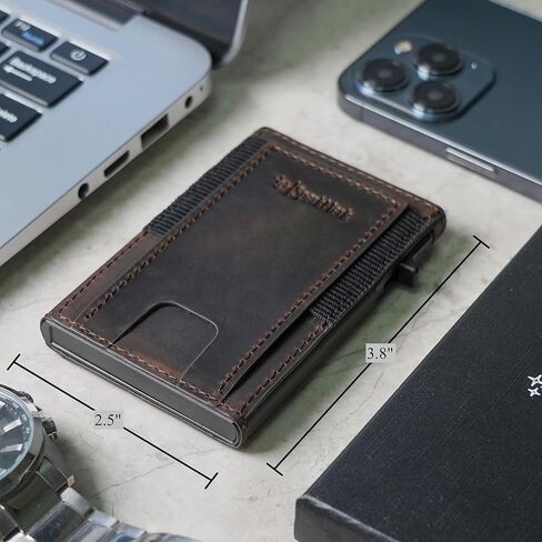 محفظة رفيعة لحامل بطاقات الائتمان للرجال والنساء - محافظ رجالية صغيرة الحجم تحجب RFID - حافظة بطاقات معدنية بجيب أمامي من الجلد الرقيق مع صندوق هدايا (بني داكن) in Kuwait