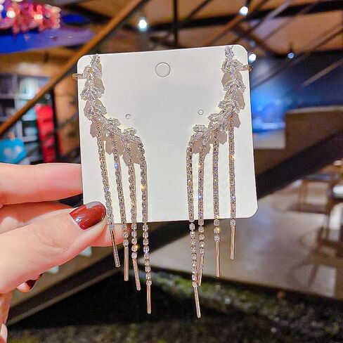 2PCS Glitter Rhinestone Long Tassels Dangle Ear Cuff Vintage Non-Piercing Fake Earrings Bridal Wedding Climber Ear Wrap Prom Ball Jewelry for Women Girls in Kuwait