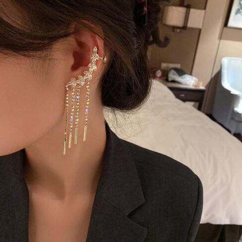 2PCS Glitter Rhinestone Long Tassels Dangle Ear Cuff Vintage Non-Piercing Fake Earrings Bridal Wedding Climber Ear Wrap Prom Ball Jewelry for Women Girls in Kuwait