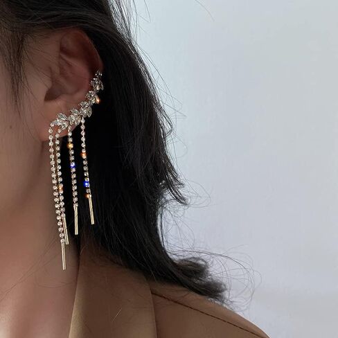 2PCS Glitter Rhinestone Long Tassels Dangle Ear Cuff Vintage Non-Piercing Fake Earrings Bridal Wedding Climber Ear Wrap Prom Ball Jewelry for Women Girls in Kuwait