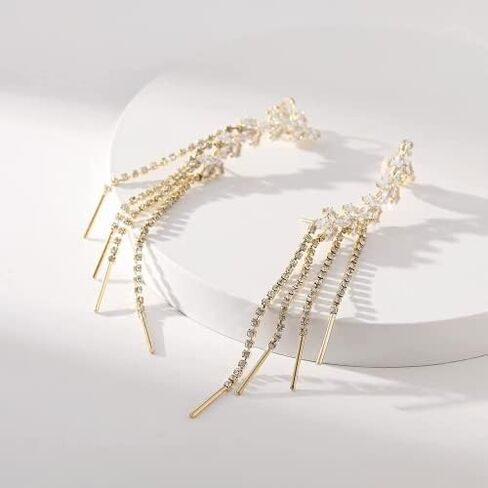 2PCS Glitter Rhinestone Long Tassels Dangle Ear Cuff Vintage Non-Piercing Fake Earrings Bridal Wedding Climber Ear Wrap Prom Ball Jewelry for Women Girls in Kuwait