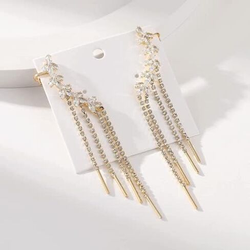 2PCS Glitter Rhinestone Long Tassels Dangle Ear Cuff Vintage Non-Piercing Fake Earrings Bridal Wedding Climber Ear Wrap Prom Ball Jewelry for Women Girls in Kuwait
