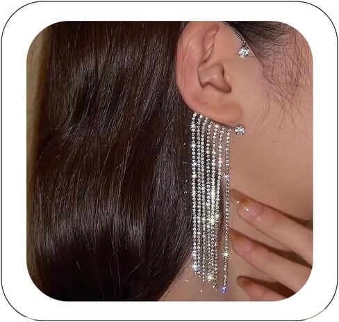 2PCS Glitter Rhinestone Long Tassels Dangle Ear Cuff Vintage Non-Piercing Fake Earrings Bridal Wedding Climber Ear Wrap Prom Ball Jewelry for Women Girls in Saudi Arabia