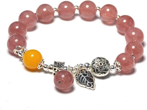 Natural Strawberry crystal/Sunstone Feldspar/Amethyst Bracelet，10mm Beads bracelet for Men&women,Jewelry Healing elasticized Bracelets Bring Luck and happyness Prosperity.Mom/Dad/Wife/Employee gift in Kuwait