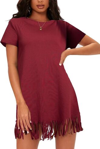 Milumia Women Casual Fringe Hem T Shirt Dress Short Sleeve Round Neck Tee Dress in Saudi Arabia